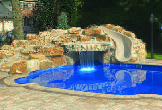 Luxury backyard with a professionally installed fiberglass pool in Stouffville