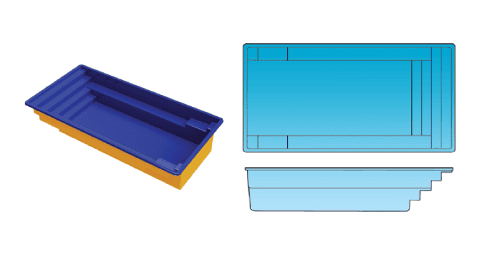 Festive 10x21 rectangle fiberglass pool with double bench seats from Composite Pools Canada