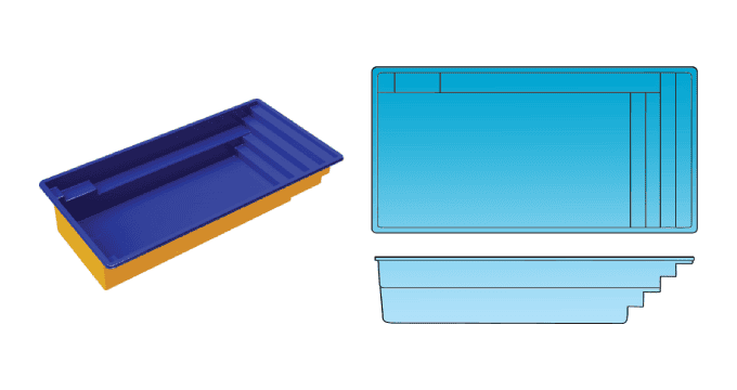 Festive 10x21 rectangle fiberglass pool with right bench seat only from Composite Pools Canada